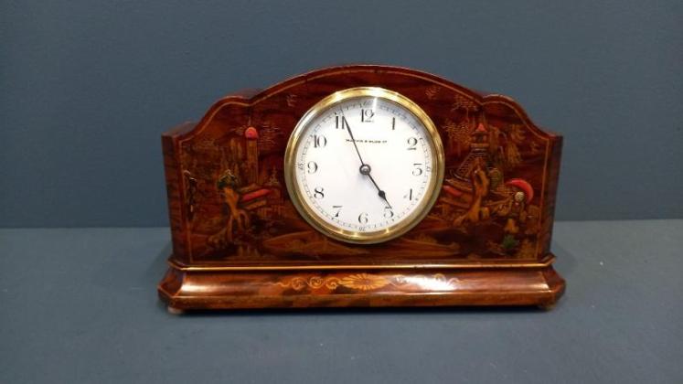 Edwardian Figured Walnut Chinoiserie Mantel Clock  - Image 1