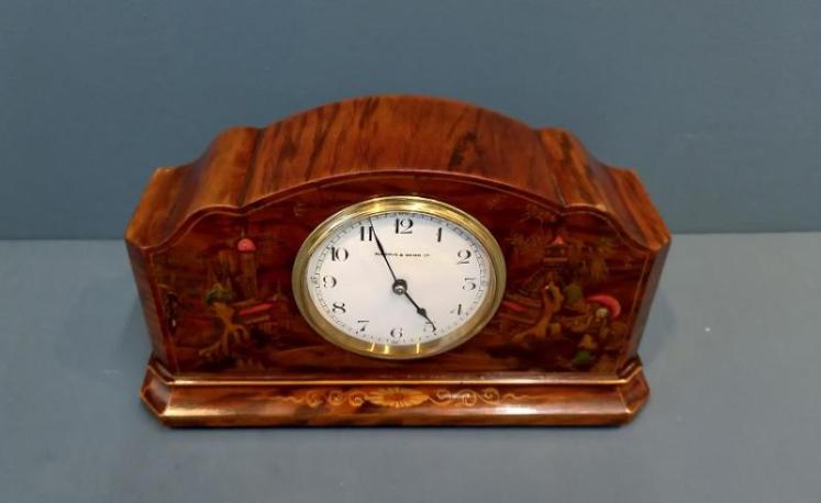 Edwardian Figured Walnut Chinoiserie Mantel Clock  - Image 2