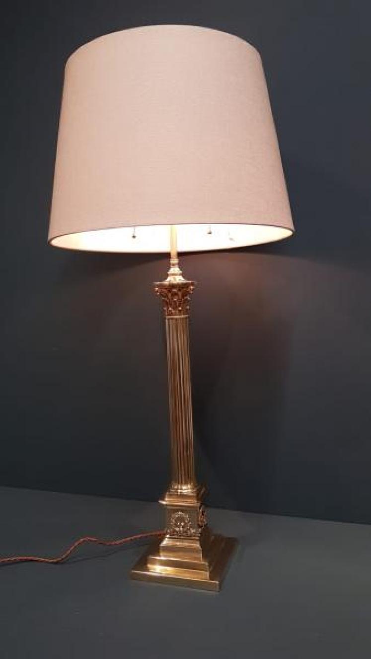 Edwardian Brass Corinthian Column Lamp and Shade - Image 1