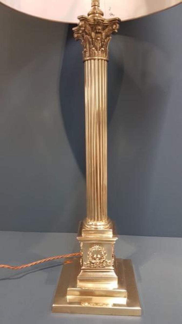 Edwardian Brass Corinthian Column Lamp and Shade - Image 5