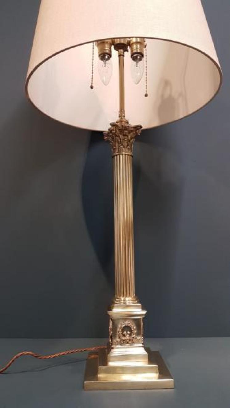 Edwardian Brass Corinthian Column Lamp and Shade - Image 7
