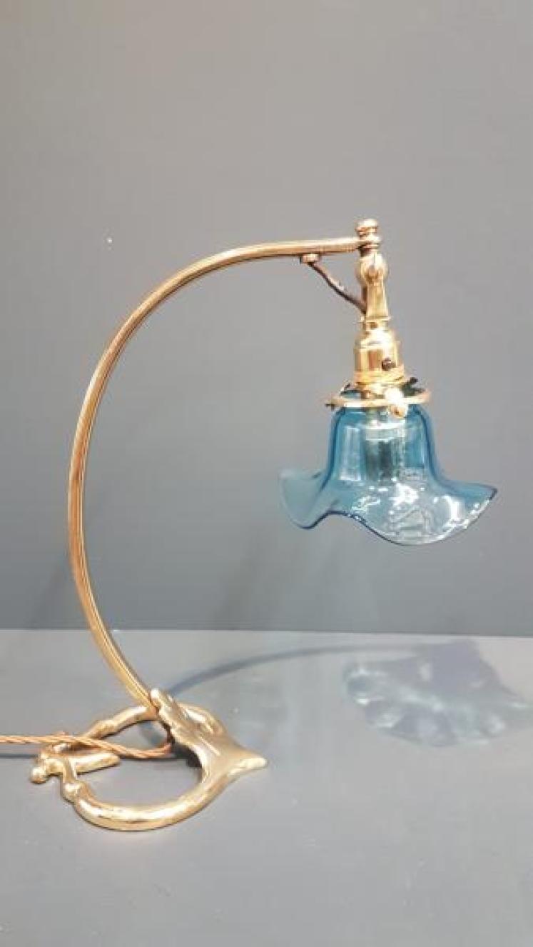 Matching Pair of Art Nouveau Brass Table Lamps and Shades - Image 2