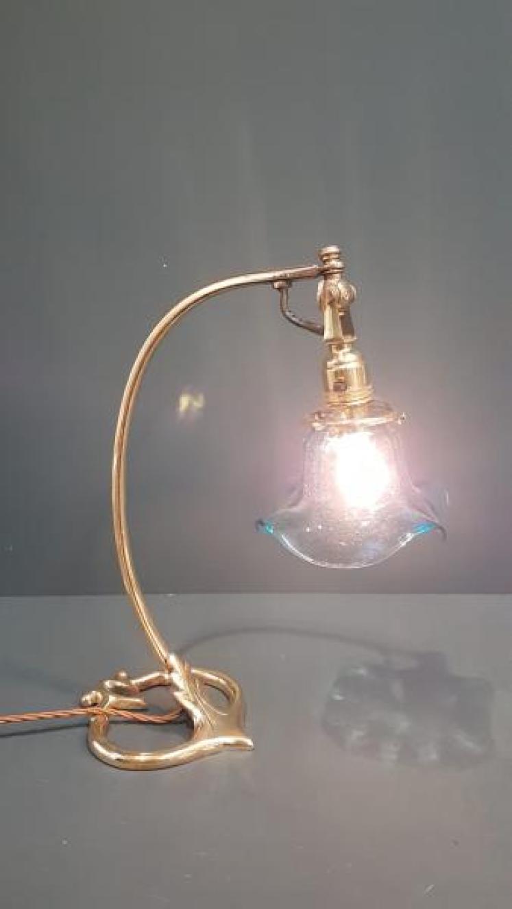 Matching Pair of Art Nouveau Brass Table Lamps and Shades - Image 3