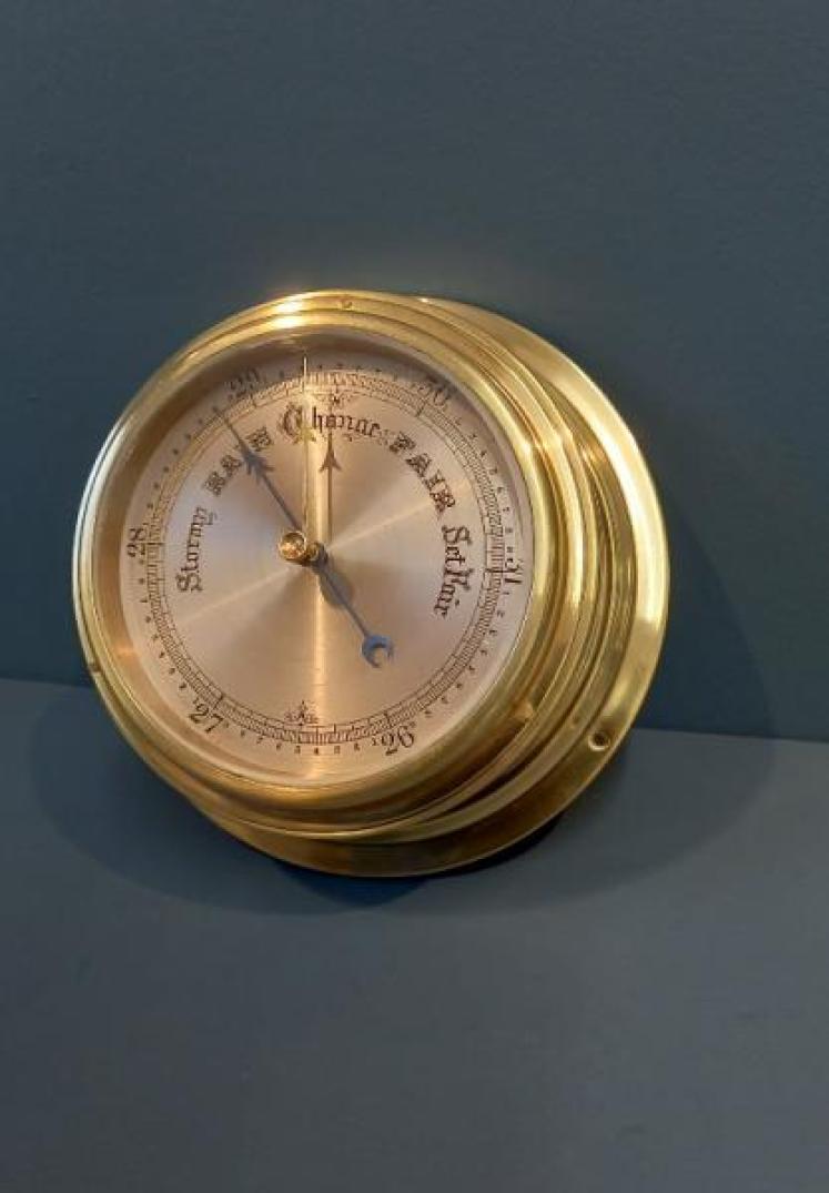 Edwardian Polished Brass Bulkhead Marine Barometer - Image 7