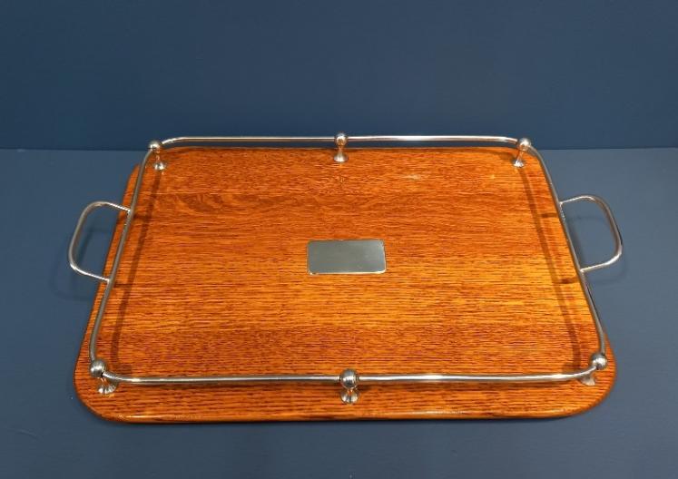 Late Victorian Polished Oak & Silver Plated Tray - Image 2