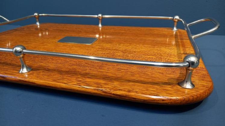 Late Victorian Polished Oak & Silver Plated Tray - Image 6