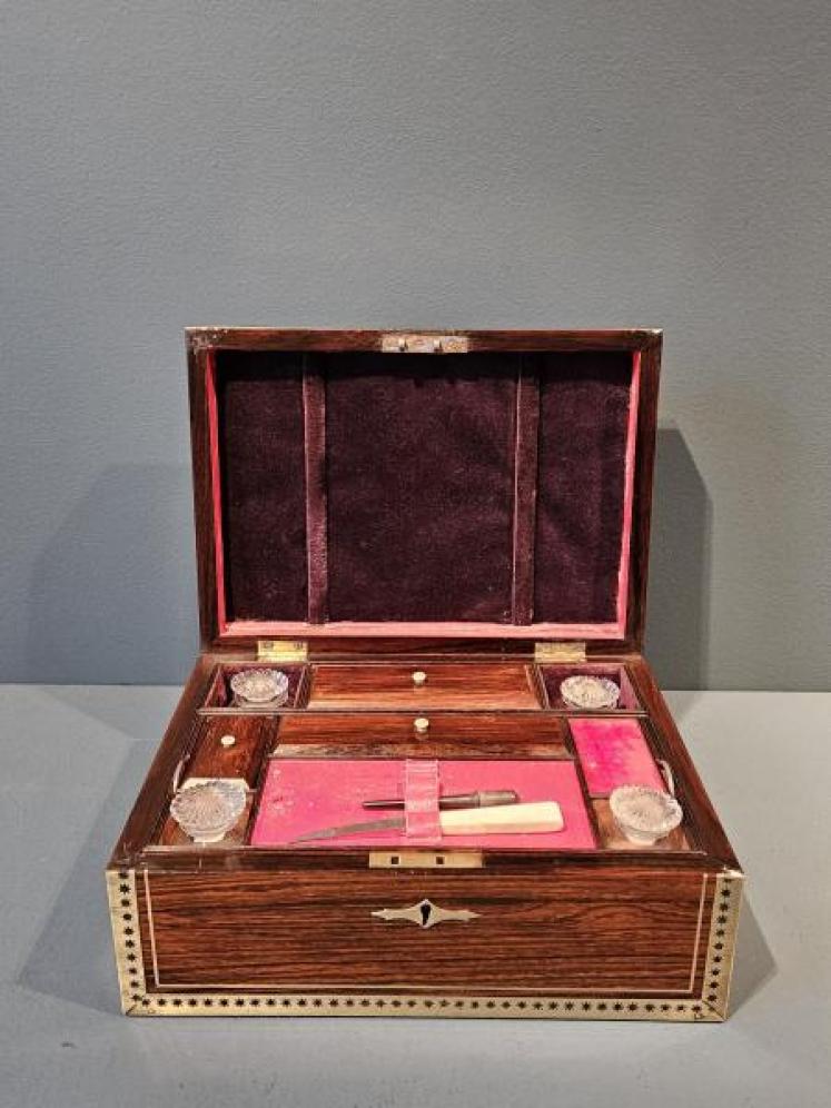 Early Victorian Rosewood and Brass Inlaid Travelling Box - Image 1