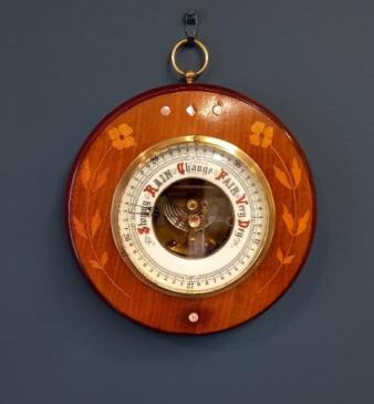 Edwardian Fruitwood Inlaid Aneroid Barometer