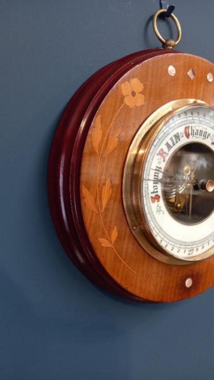 Edwardian Fruitwood Inlaid Aneroid Barometer - Image 6
