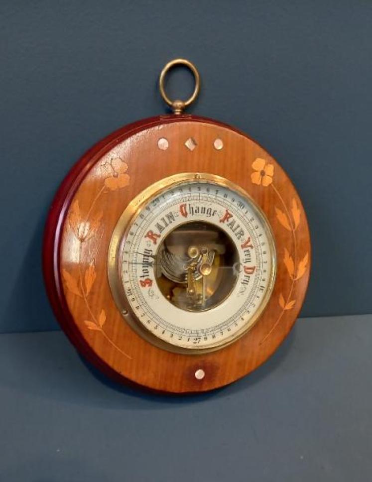 Edwardian Fruitwood Inlaid Aneroid Barometer - Image 7