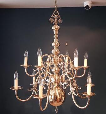 Edwardian Polished Brass Two Tier Chandelier 