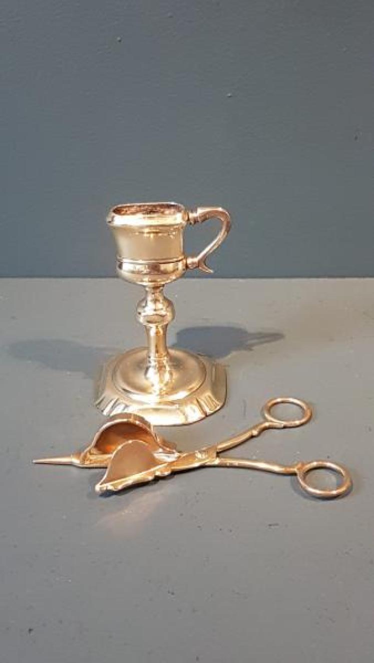 Rare George III Brass Candle Snuffers and Petal Base Stand  - Image 2