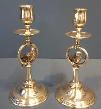 Pair of Brass Candlesticks With Budgerigar 