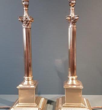 Matching Pair of Brass Corinthian Column Lamps