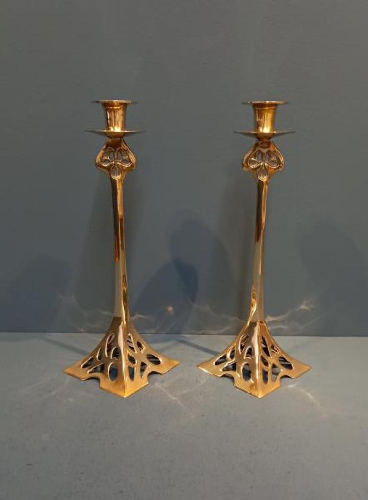 Pair of Art Nouveau Cast Brass Candlesticks - Image 1