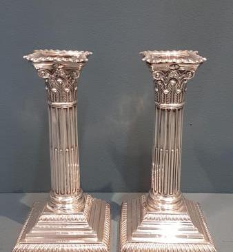 Pair of Victorian Silver Corinthian Column Candlesticks