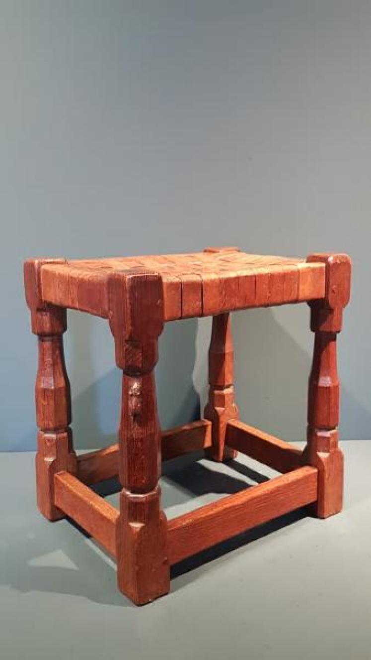 1940's Mouseman Leather Top Stool - Image 1
