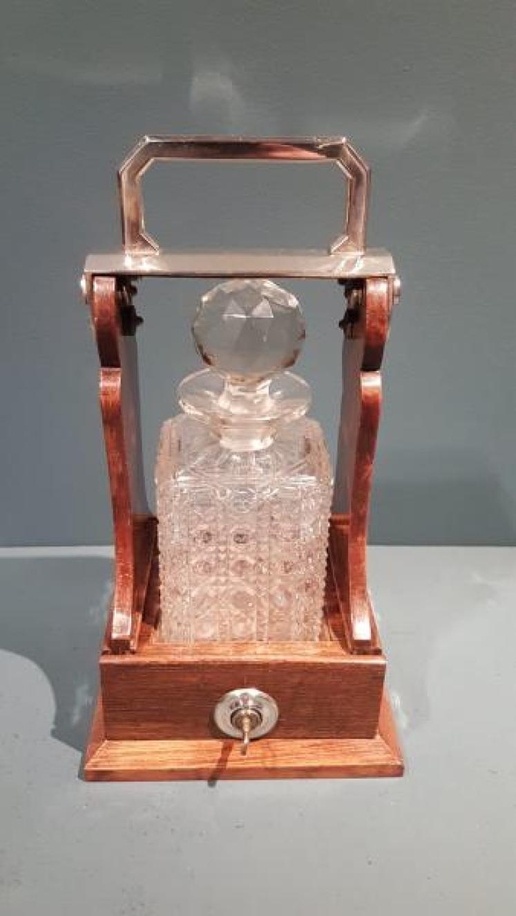 Victorian Oak and Silver Plate Single Bottle Tantalus - Image 1