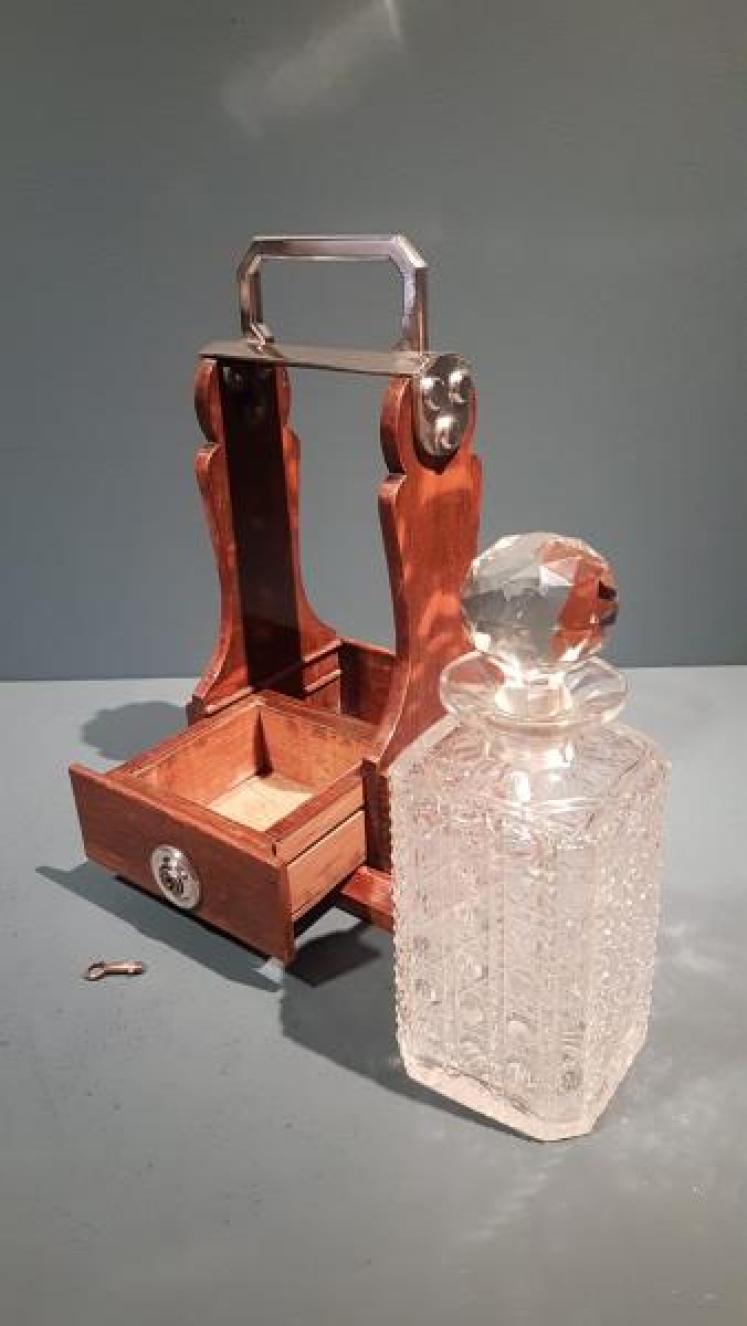 Victorian Oak and Silver Plate Single Bottle Tantalus - Image 2