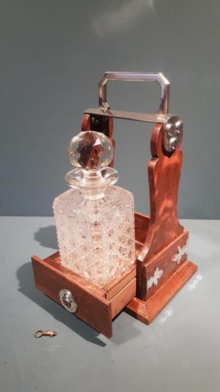 Victorian Oak and Silver Plate Single Bottle Tantalus - Image 3