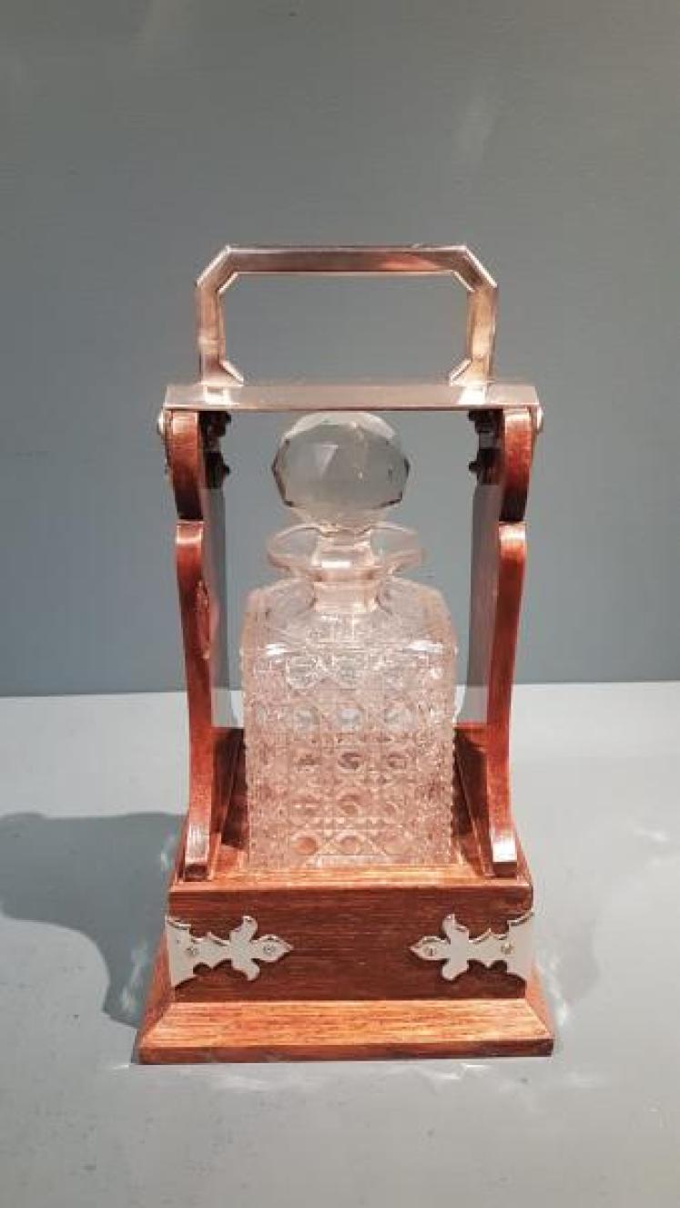 Victorian Oak and Silver Plate Single Bottle Tantalus - Image 6