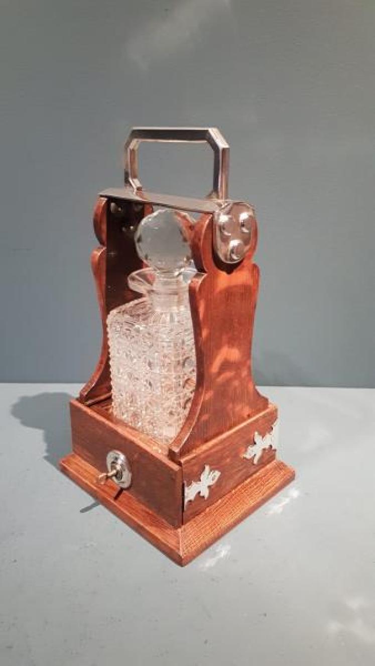 Victorian Oak and Silver Plate Single Bottle Tantalus - Image 7