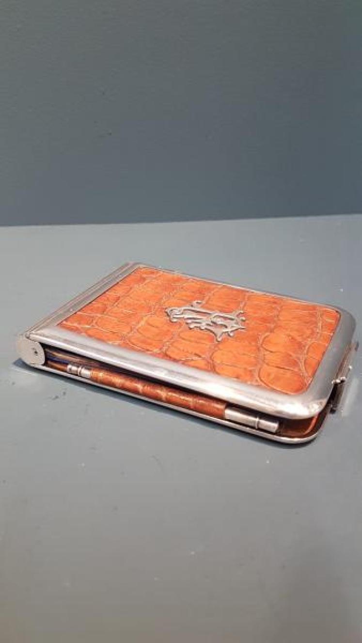 Victorian Silver and Crocodile S-Line Note Pad and Pencil - Image 1