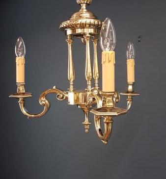 Small Edwardian Cast Brass 3 Arm Chandelier 