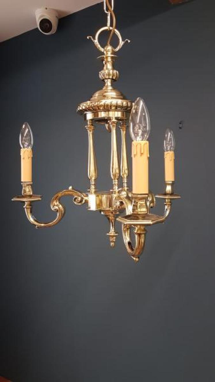 Small Edwardian Cast Brass 3 Arm Chandelier  - Image 1