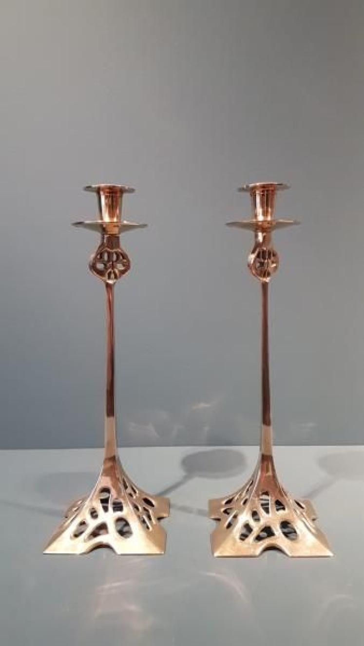 Matching Pair of Art Nouveau Brass Candlesticks - Image 1