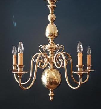 Edwardian 5 Arm Brass Chandelier