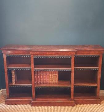  Victorian Burr Walnut Break Front Open Bookcase