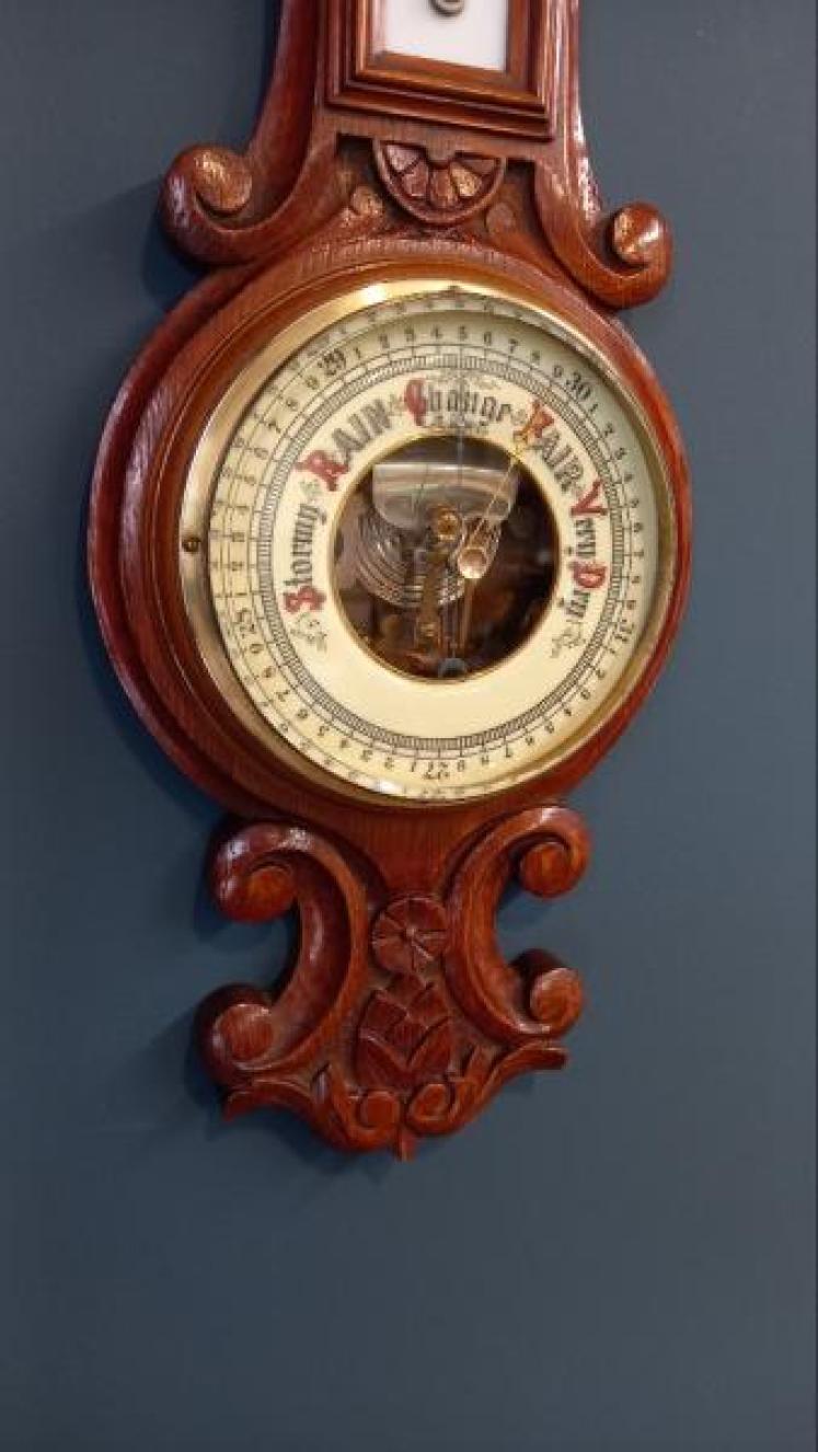 Victorian Oak Visible Works Banjo Barometer - Image 2
