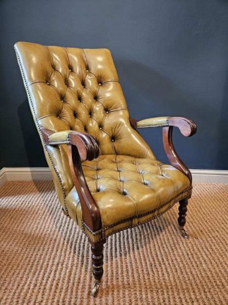 1920's Buttoned Olive Hide Open Arm Chair - Image 1