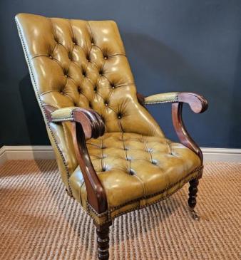 1920's Buttoned Olive Hide Open Arm Chair