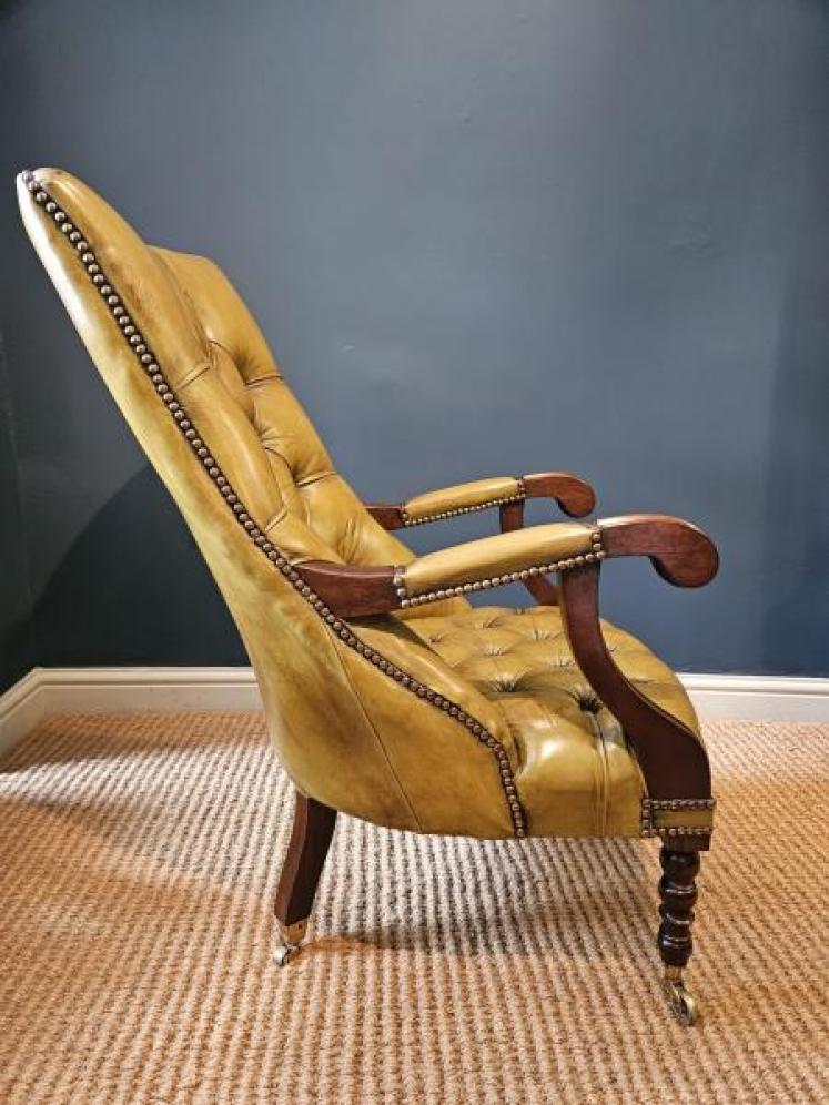 1920's Buttoned Olive Hide Open Arm Chair - Image 2