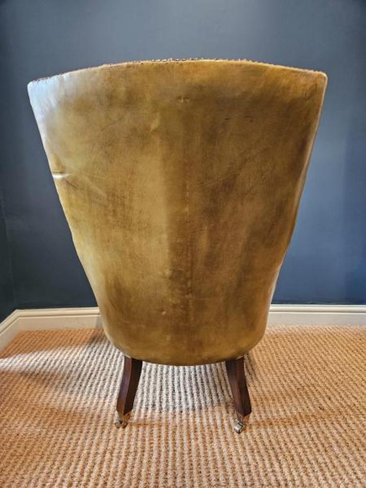 1920's Buttoned Olive Hide Open Arm Chair - Image 3