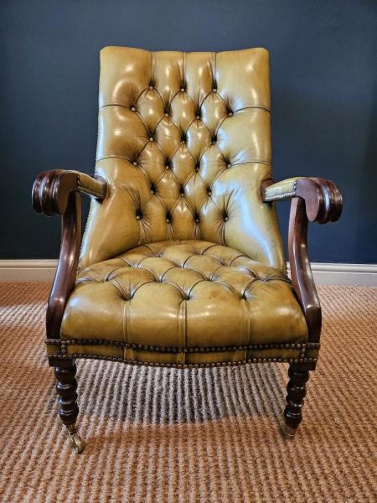 1920's Buttoned Olive Hide Open Arm Chair - Image 6