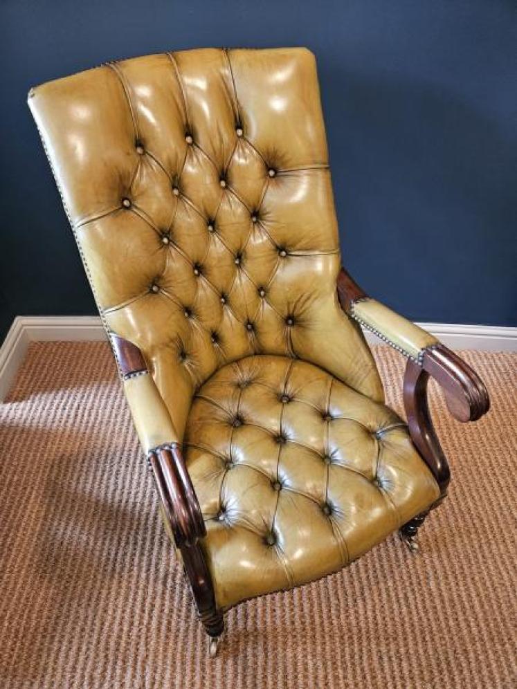 1920's Buttoned Olive Hide Open Arm Chair - Image 7