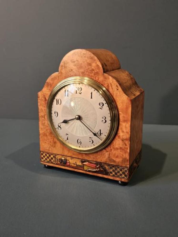 Edwardian Walnut and Chinoiserie Mantel Clock - Image 1