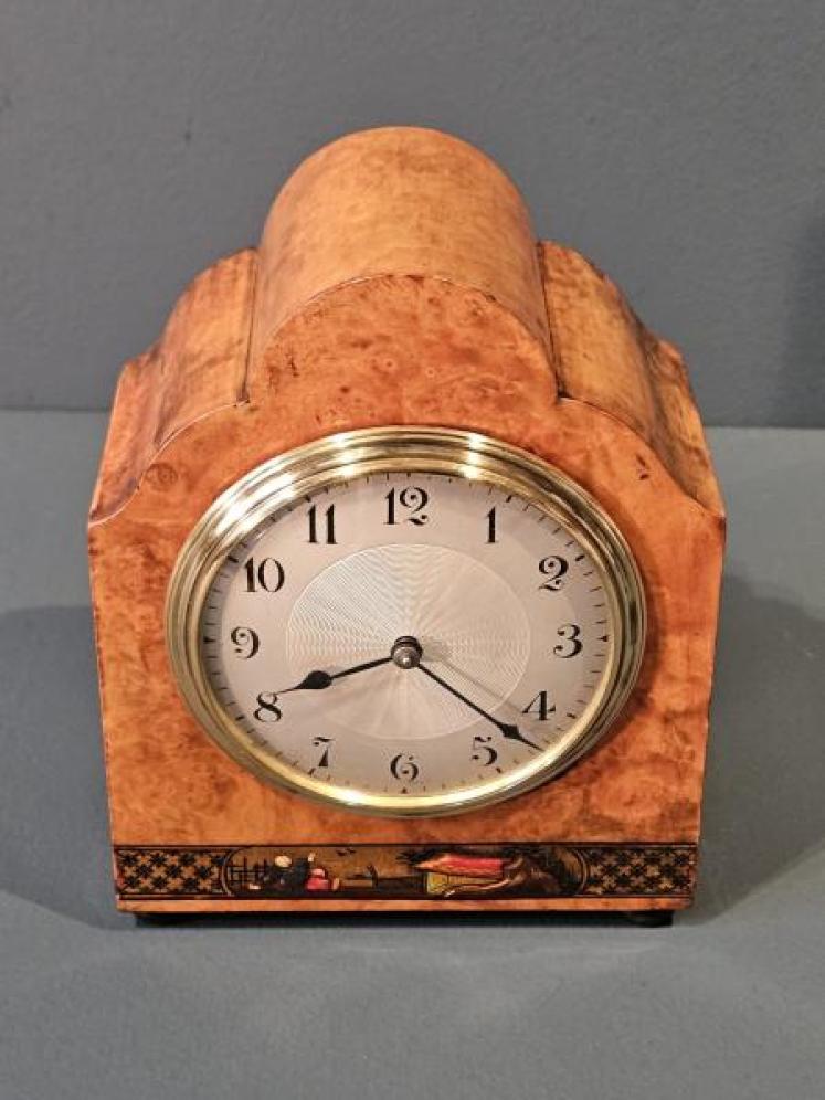 Edwardian Walnut and Chinoiserie Mantel Clock - Image 6