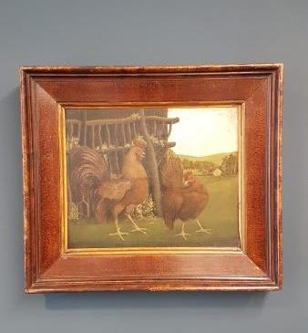 Victorian Oil Cockerel and Hen