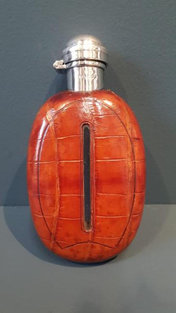 Silver and Crocodile Skin Hip Flask - Image 1