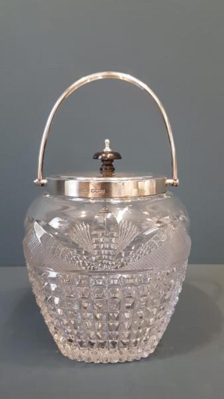 George V Solid Silver And Cut Crystal Biscuit Jar - Image 1