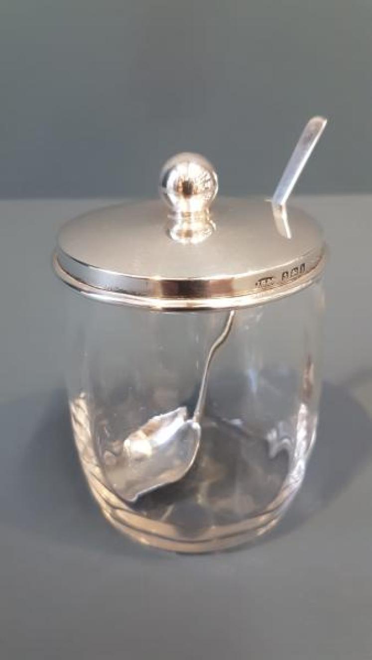 Edwardian Silver Topped Jam Pot and Matching Spoon - Image 1