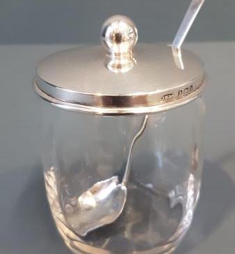 Edwardian Silver Topped Jam Pot and Matching Spoon
