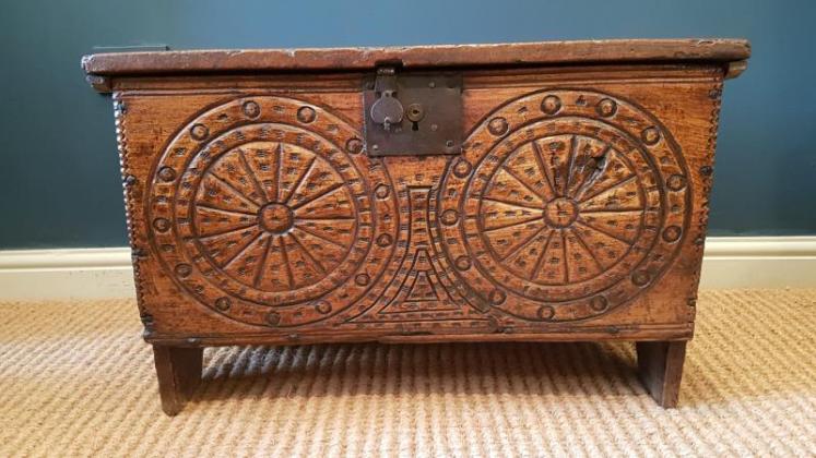  Elm Six Plank Coffer With Carved Front - Image 2