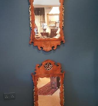 Matching Pair of Walnut and Parcel Gilt Mirrors 