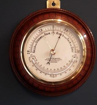 Victorian Walnut Barometer With Crescent Thermometer by Steward