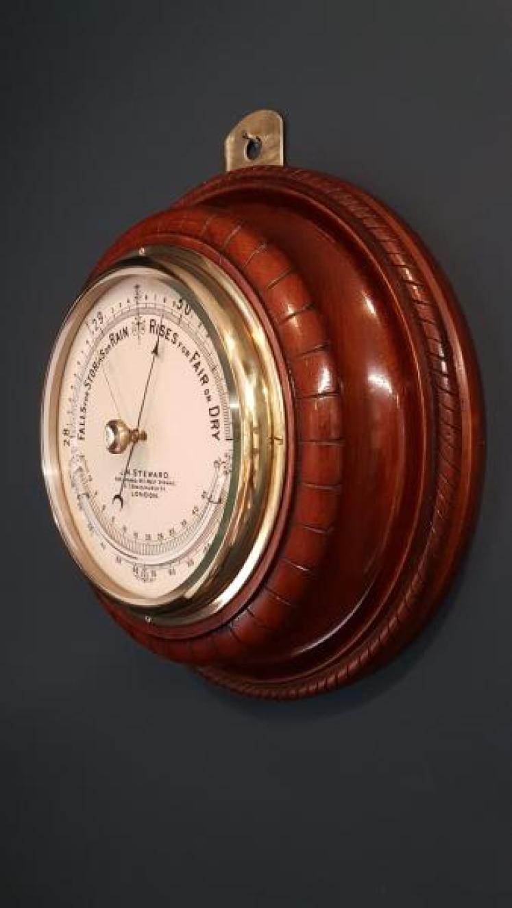 Victorian Walnut Barometer With Crescent Thermometer by Steward - Image 5